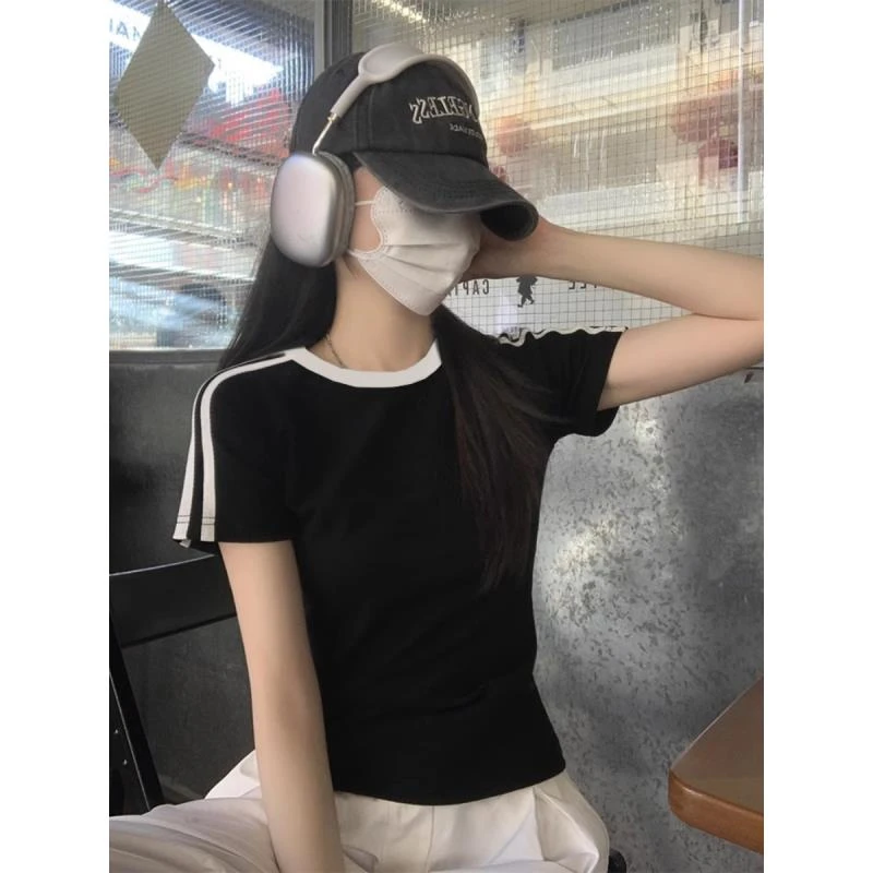 辣妹白色正肩经典三条杠t恤女夏修身条纹短袖T恤绝美小上衣潮ins