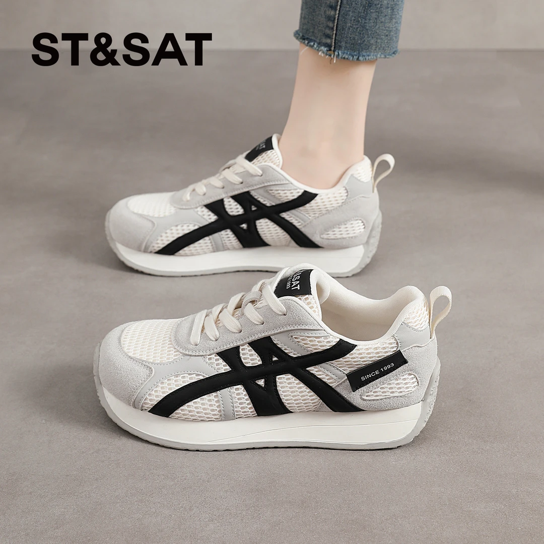 星期六小白鞋板鞋女士2025秋季新款复古百搭德训鞋网面轻便休闲鞋