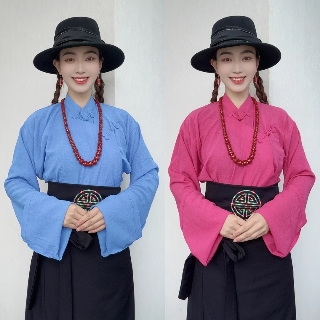 新款棉麻布热藏式衬衣塌肩大袖手工盘扣西藏服锅庄舞服纯色民族风