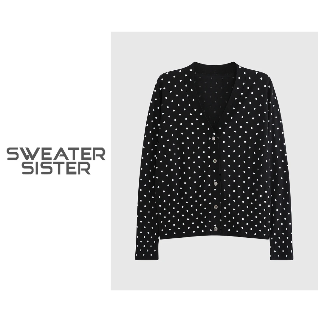 V领波点针织开衫通勤百搭长袖上衣女6688-8872