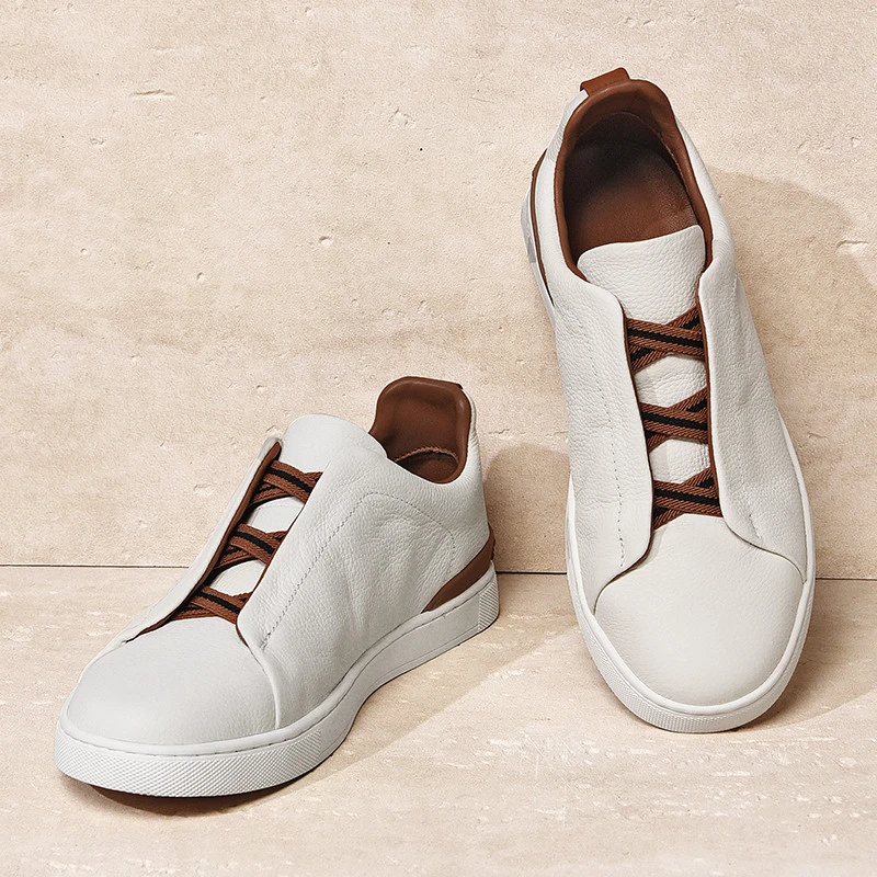 透气休闲修面皮素面春季休闲板鞋时尚男士英伦一脚蹬百搭真皮