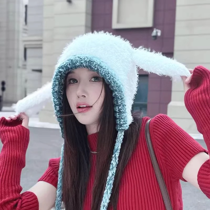 针织帽子女冬季防寒保暖显脸小护耳毛绒帽可爱兔子耳朵骑车防风帽