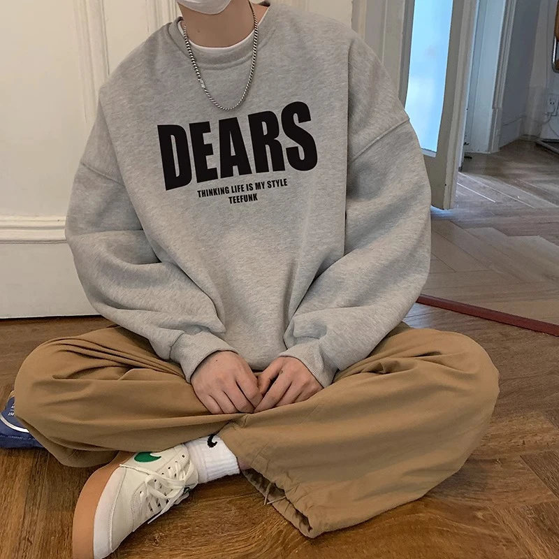 特大码300斤复古圆领卫衣男款重磅秋ins外套加绒加厚宽松无帽上衣