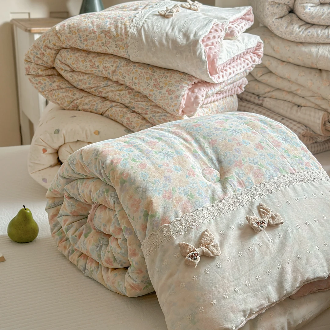 小清新全棉双层纱豆豆被按摩安抚被四季用蝴蝶被被子被芯公主风被