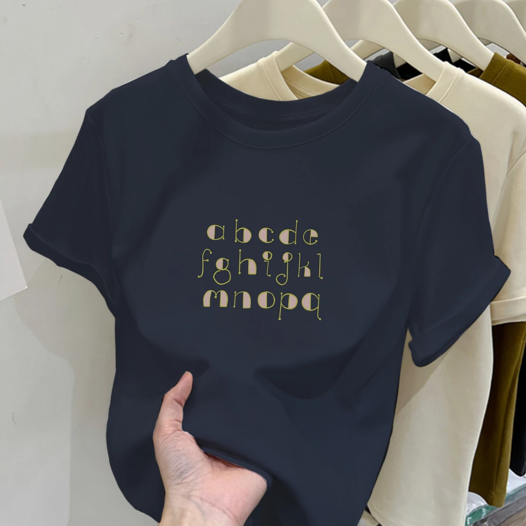 夏季新款圆领abcde字母印花纯棉短袖小个子女修身显瘦百搭上衣