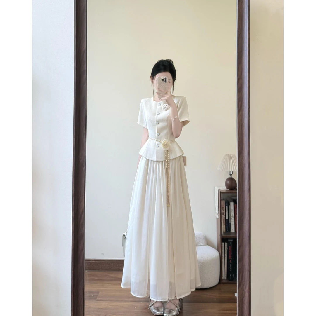 2025夏季新款法式小香风减龄温柔风上衣搭配网纱半身裙气质两件套