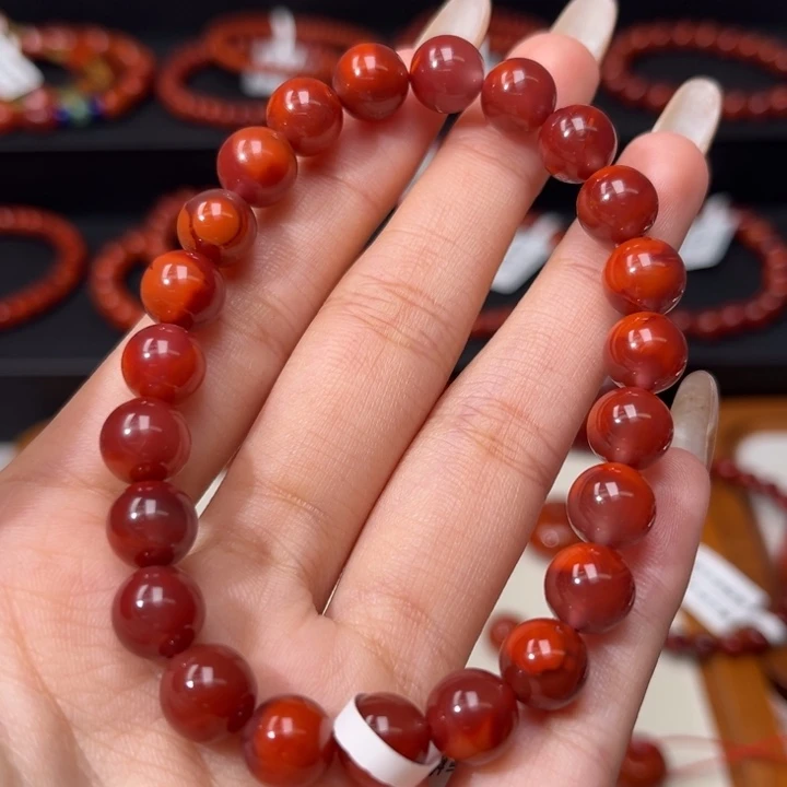 南红玛瑙未镶嵌手链牛血红柿子红双色8.5+mm圆珠手串