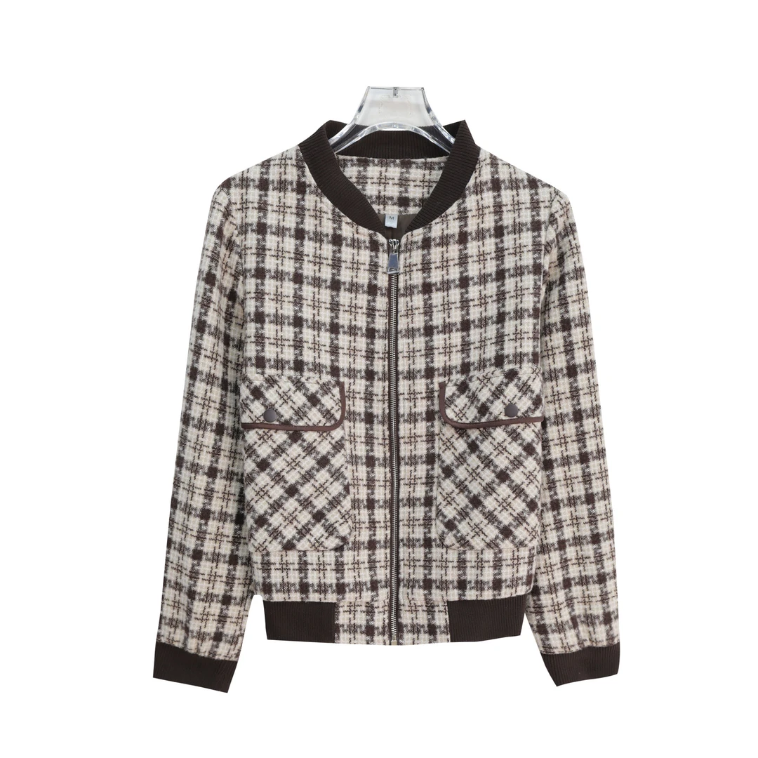 新款格子拉链开衫立领高级感夹克棒球服外套S2846