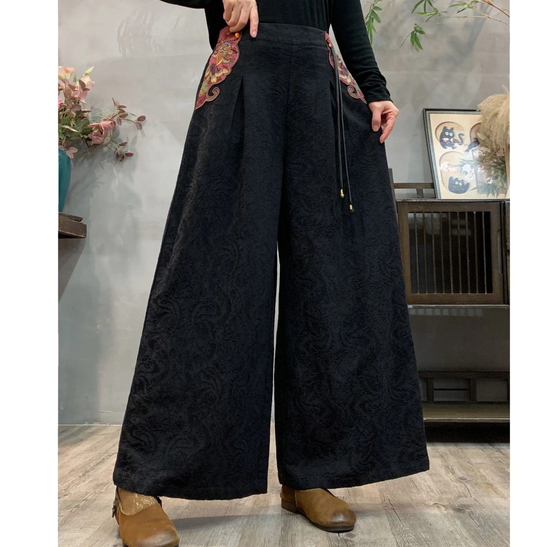 【绣娘】（春兰秋菊）春季民族风新款亚麻松紧腰阔腿裤