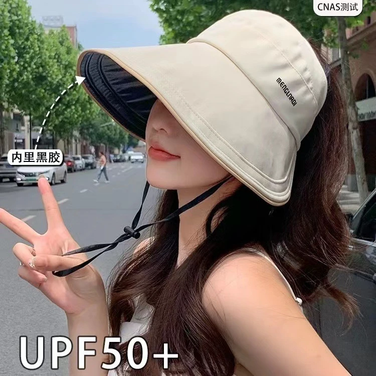 2025新款扎马尾空顶防晒帽子女夏季黑胶防紫外线遮阳渔夫帽太阳帽