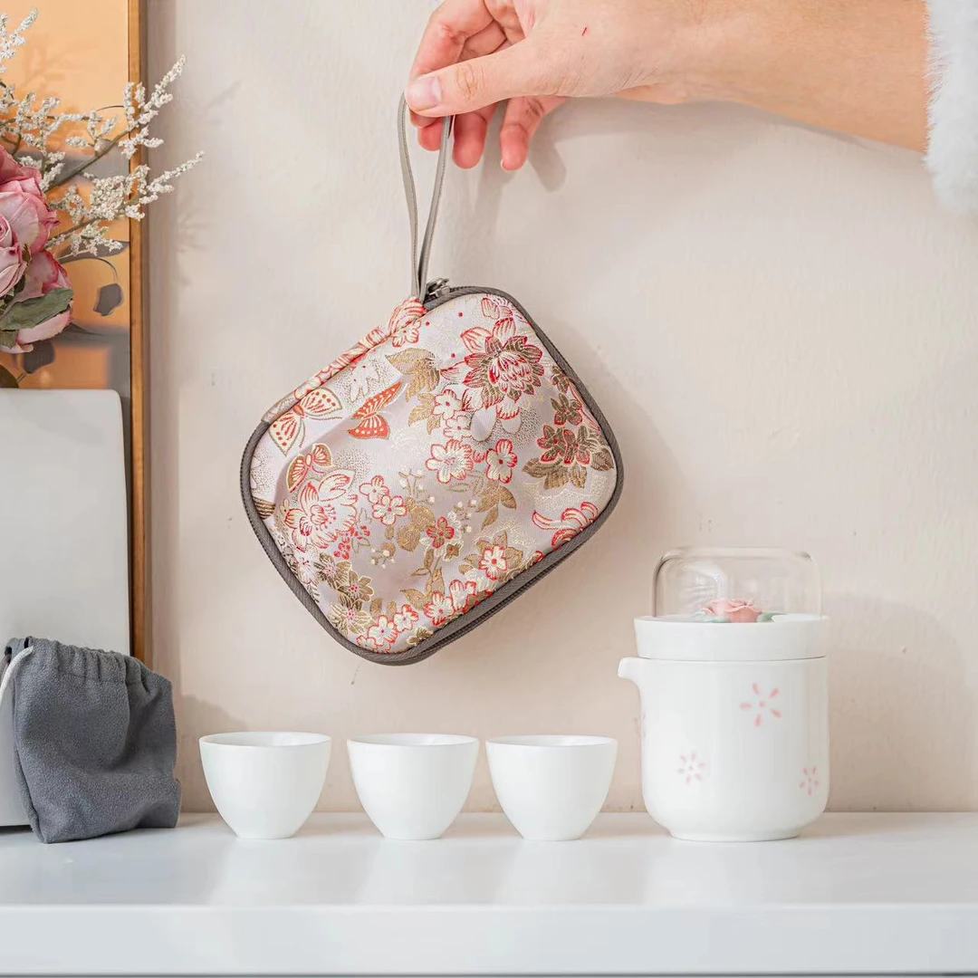 玲珑瓷粉花一壶三杯户外便携式家用旅行茶具