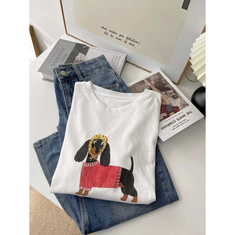2025夏季韩系时尚可爱卡通小狗印花圆领短袖T恤女宽松减龄上
