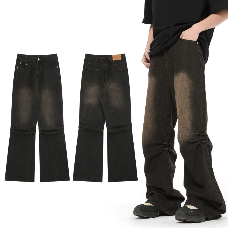 美式复古做旧水洗喷马骝褶皱微喇叭阔脚牛仔裤秋季休闲长裤男女