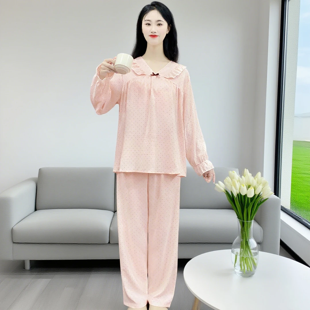 甜美睡衣女款春秋季长袖云朵棉大码家居服不带胸垫套装外穿Y173