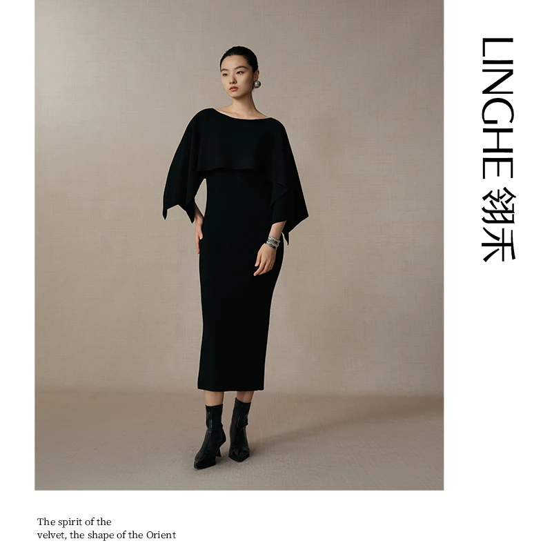 翎禾LINGHE-「扶摇」短袖圆领针织连衣裙长款