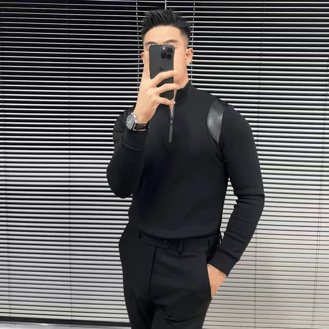 高档时尚拼接立领卫衣男士秋冬新款长袖上衣百搭潮流男休闲打底衫