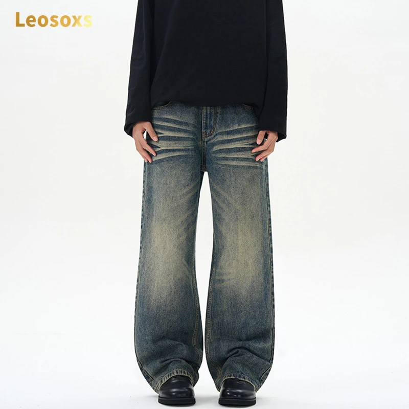 Leosoxs男装春季新款美式怀旧水洗猫须牛仔裤男女潮牌vintage长裤