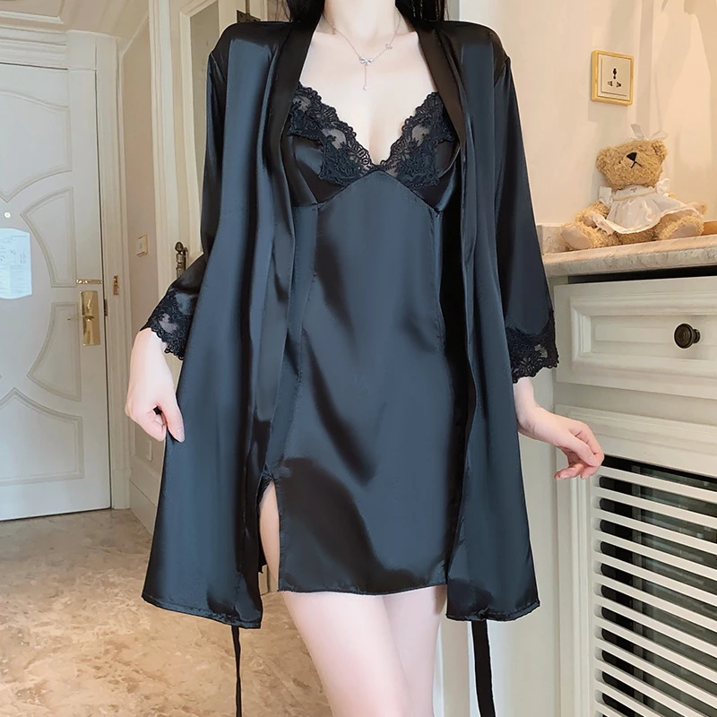 纯欲冰丝睡衣女款大码激情诱惑波点低胸性感深V聚拢睡裙性感睡衣