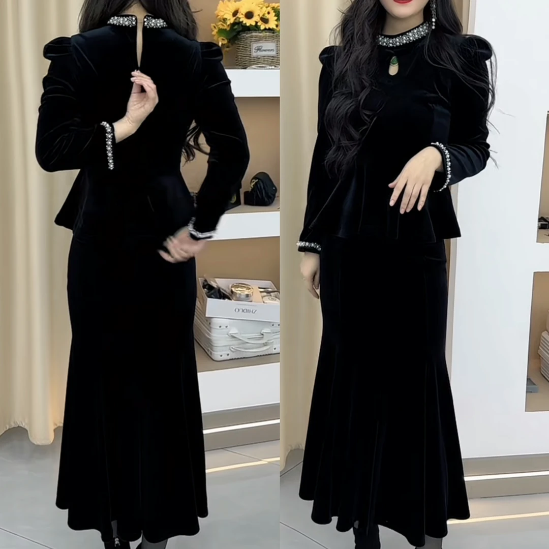 套装女气质百搭钉诸收腰上衣搭配鱼尾裙两件套女887588