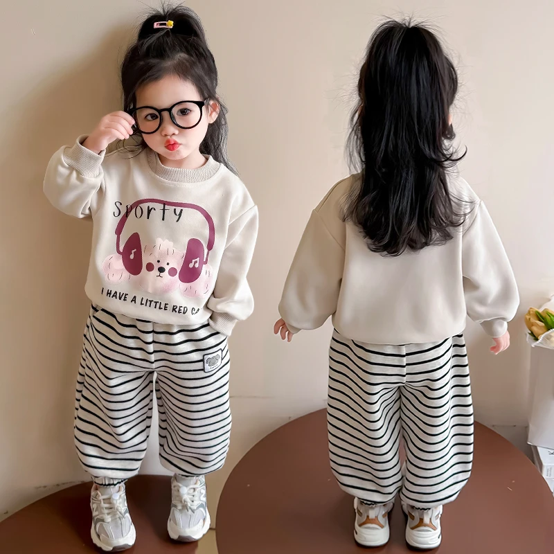 女童春季时尚卡通印花条纹裤套装休闲洋气韩版两件套2025春季新款