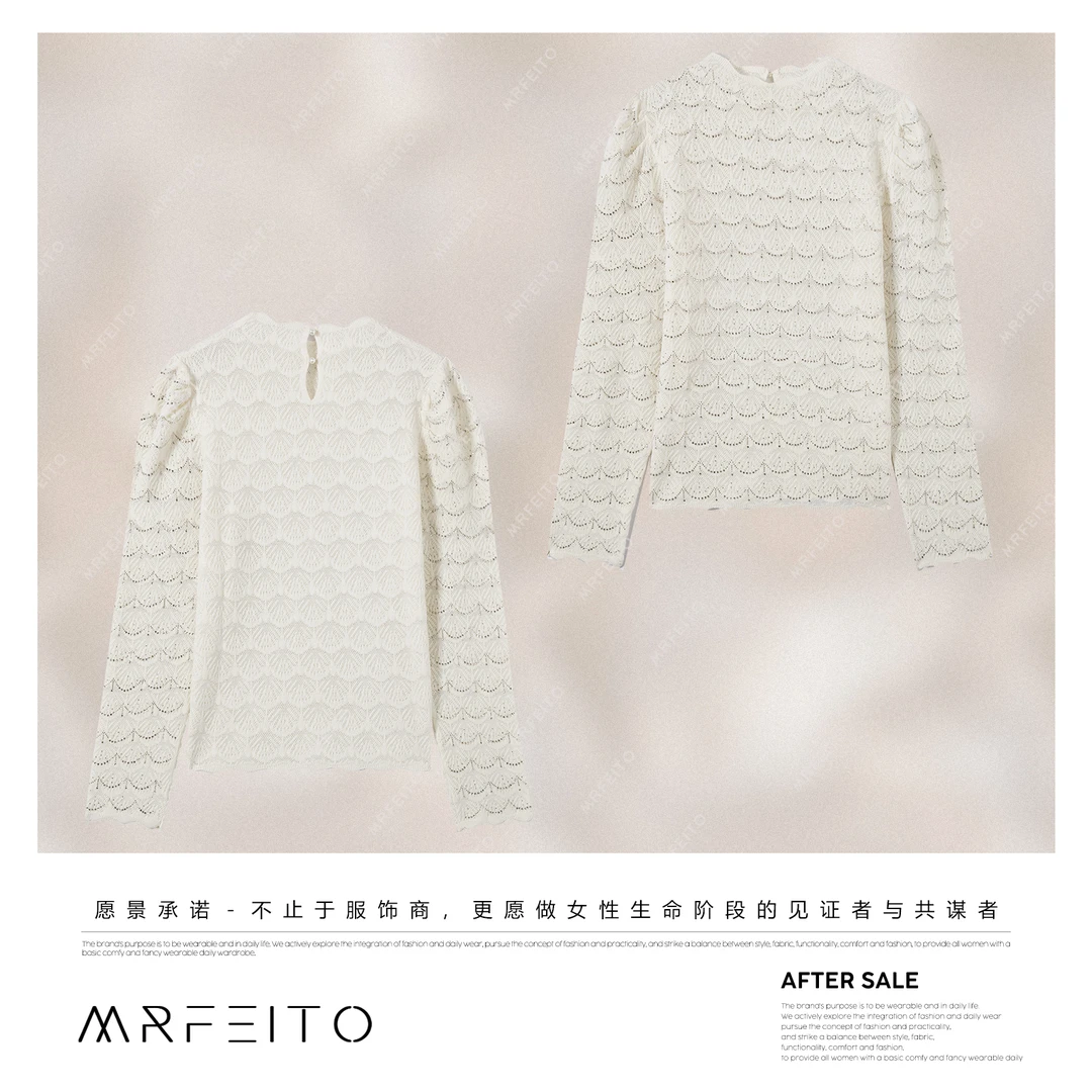 MRFEITO【月神海浪】100%绵羊毛花边半高领烫钻上衣H413M02D35787