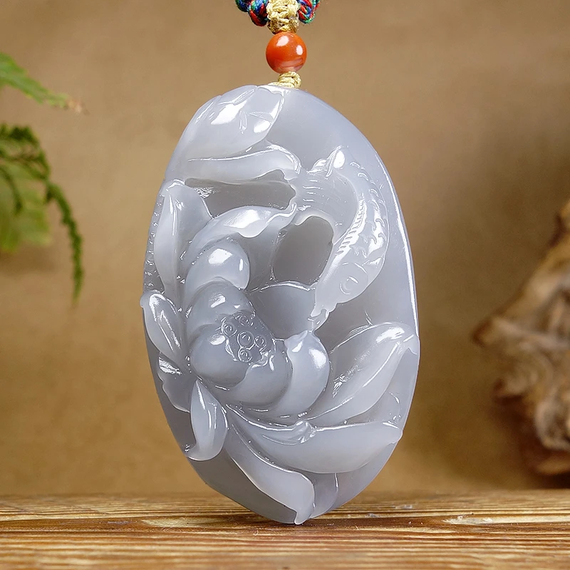 【连年有余】高冰烟紫和田玉立体浮雕荷花鱼精美挂件 49.74g