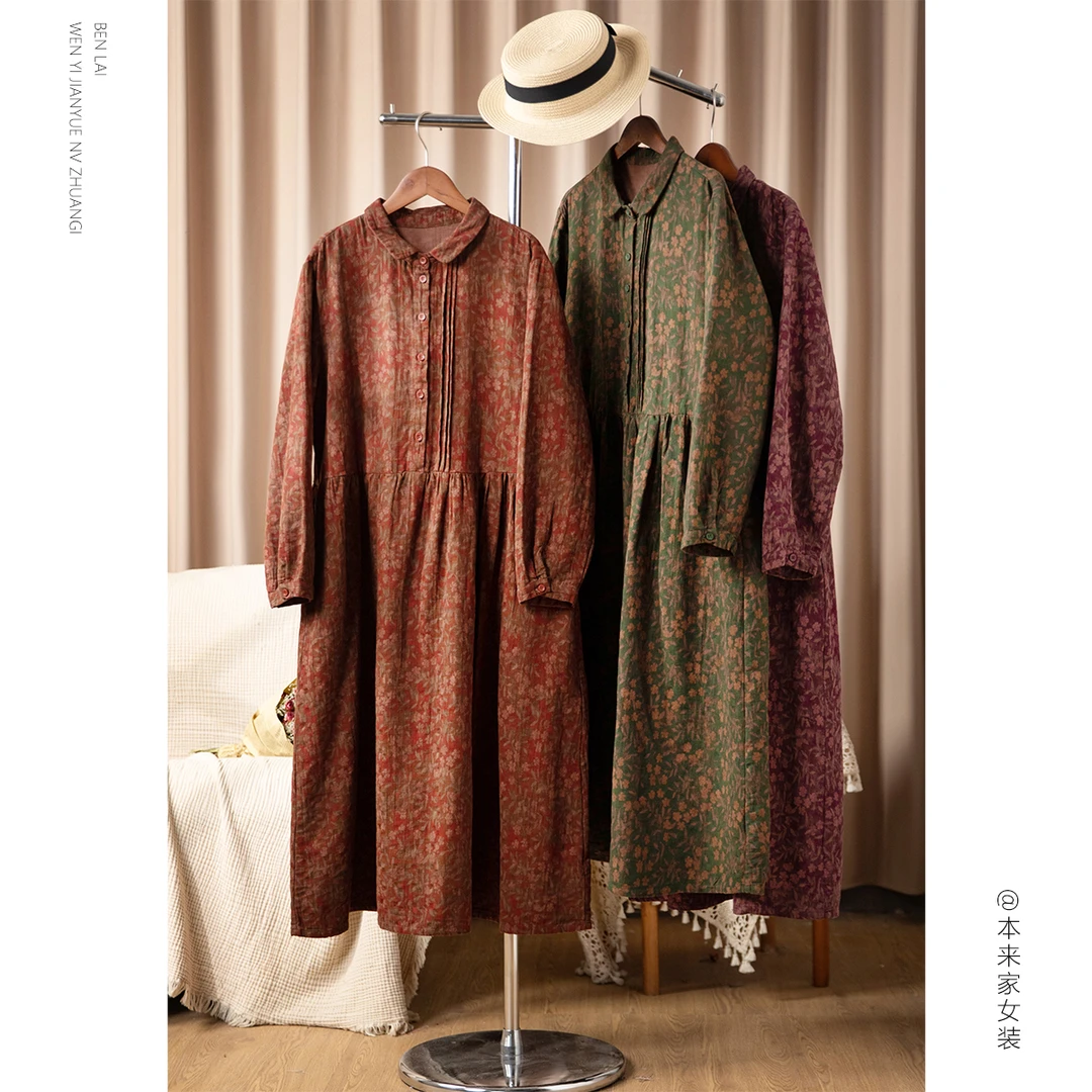 【本利来】文艺棉麻风琴褶印花连衣裙女春季新款百搭显瘦长裙子6083