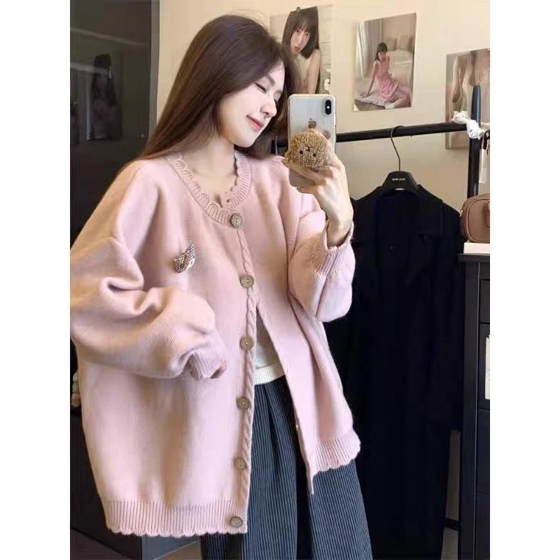 实价#绵羊绒#复古减龄甜美温柔风毛衣开衫女秋冬慵懒针织外套