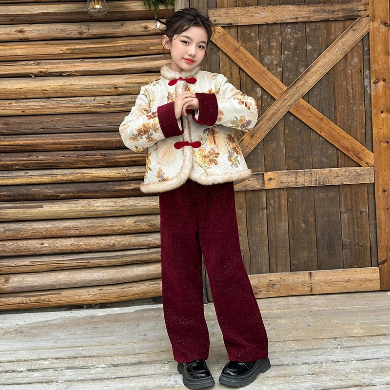 女童新中式棉服套装2024新款盘扣上衣加绒裤两件套儿童拜年服大童