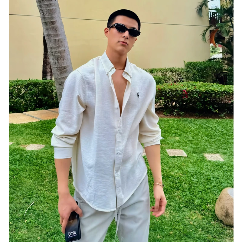 雅痞风亚麻冰丝衬衫男夏季穿搭高级感刺绣衬衣韩版松弛感免烫上衣