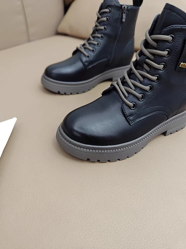 6318 黑色马丁靴冬季系带粗跟复古百搭英伦风519筒靴厚底瘦瘦靴A8