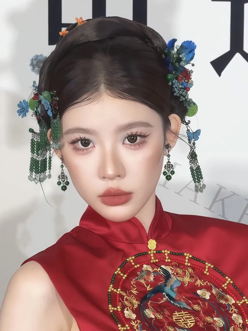 ete新娘头饰中式发簪蓝绿点翠撞色复古绒花秀禾头饰12801新中式