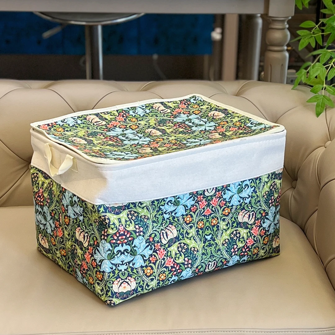 100L莫里斯印花红浆果带盖收纳筐大容量家用帆布储物可折叠防尘