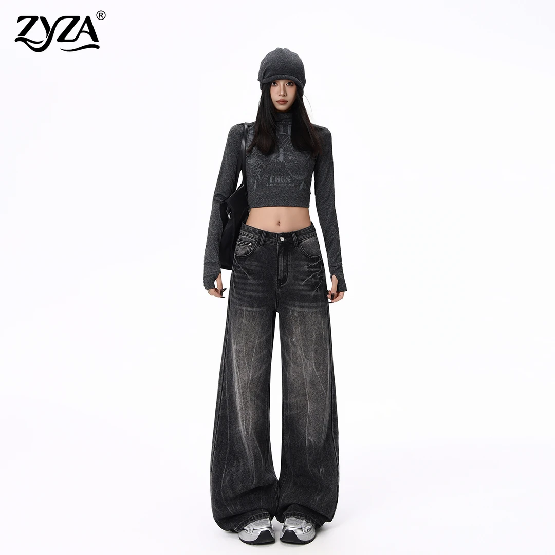 ZYZA黑灰色低腰阔腿牛仔裤女秋冬新款复古水洗宽松显瘦直筒拖地裤
