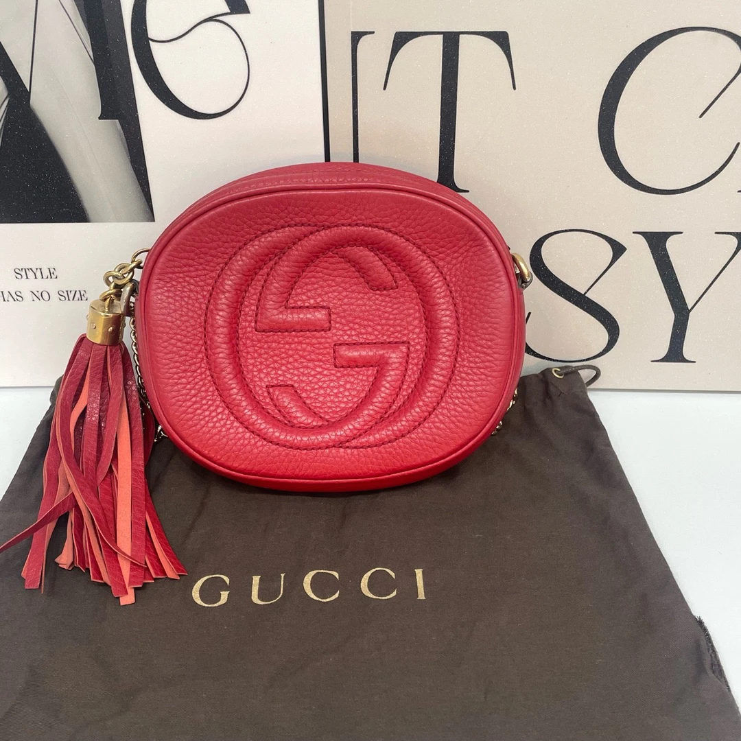 95新 GUCCI/古驰 红皮圆饼双G流苏链条包-F14000790