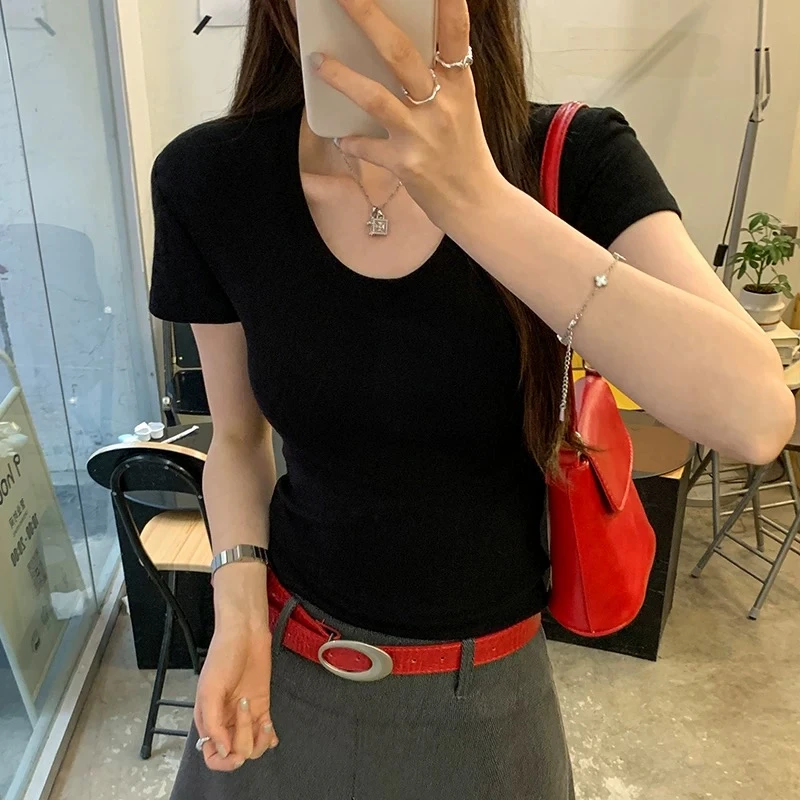 纯色短袖正肩t恤女夏季修身甜辣风穿搭黑色收腰纯欲U领上衣外穿