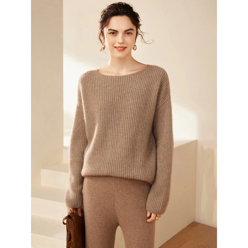 2024秋冬新款山羊绒一字领元宝针加厚针织宽松慵懒气质毛衣女士