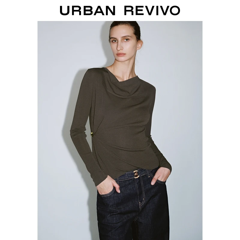 UR2025秋季新款女装魅力气质金属扣褶皱长袖针织衫UWG950201+