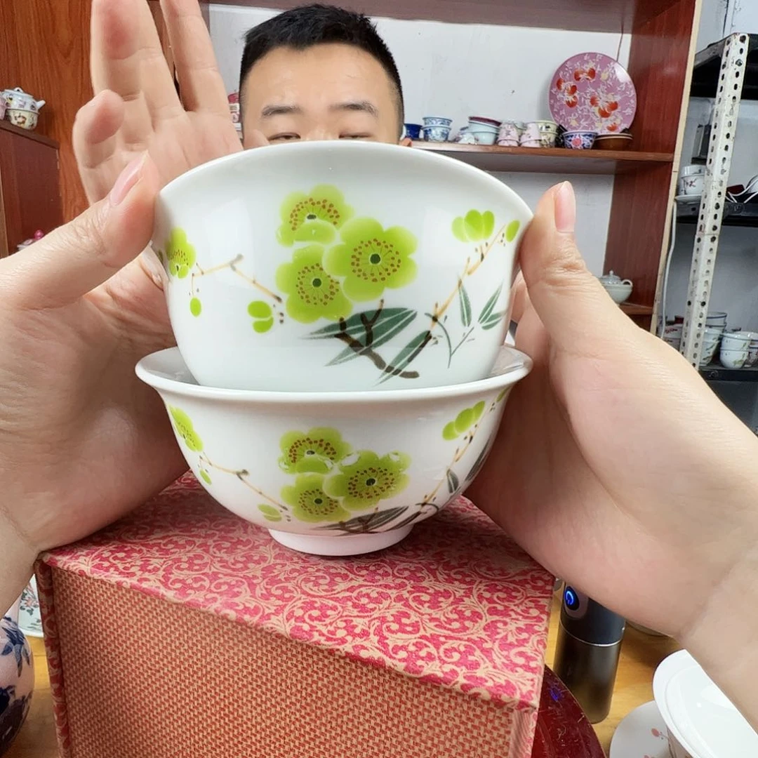 瓷片景德镇陶瓷翠竹绿梅米饭碗2只