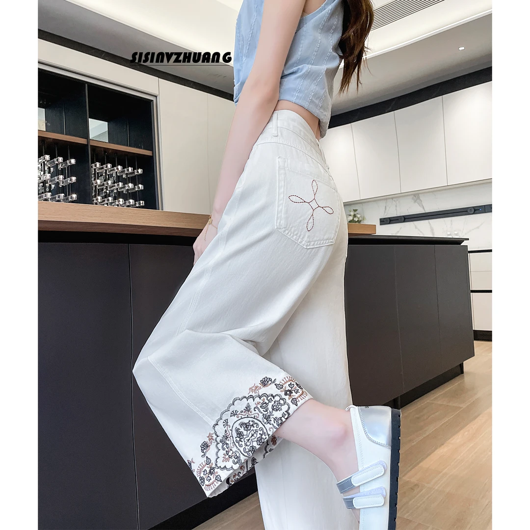 欧货新中式白色绣花直筒牛仔裤女夏季新款高腰小个子八分阔腿裤子