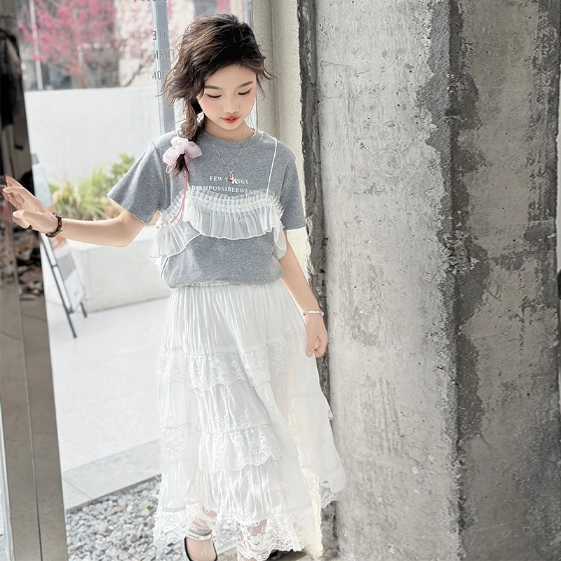 女童连衣裙套装夏装2025新款儿童中大童洋气蕾丝公主裙女孩裙子潮