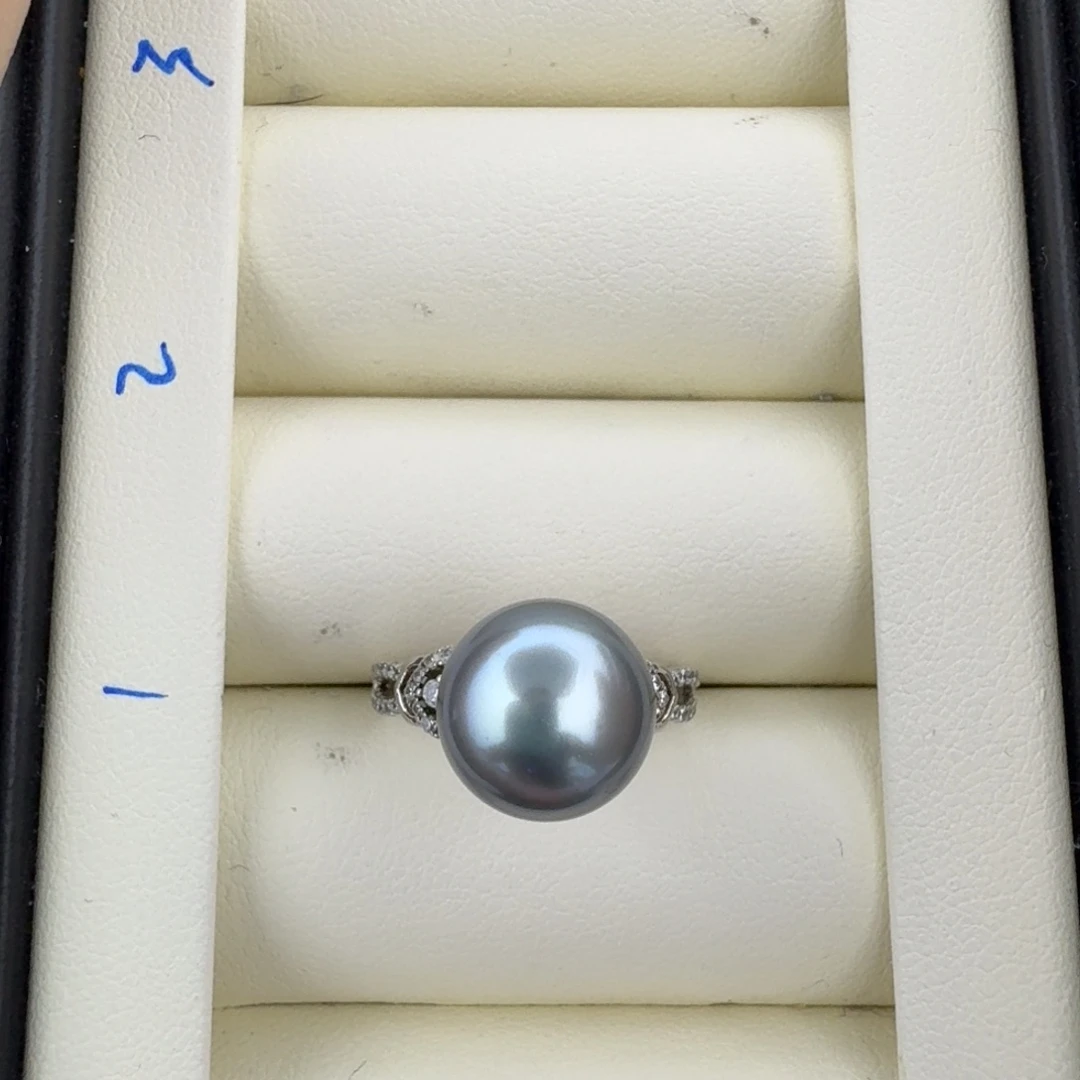 银S925镶嵌海水珍珠戒指大溪地正圆海洋蓝戒指宝石光11mm