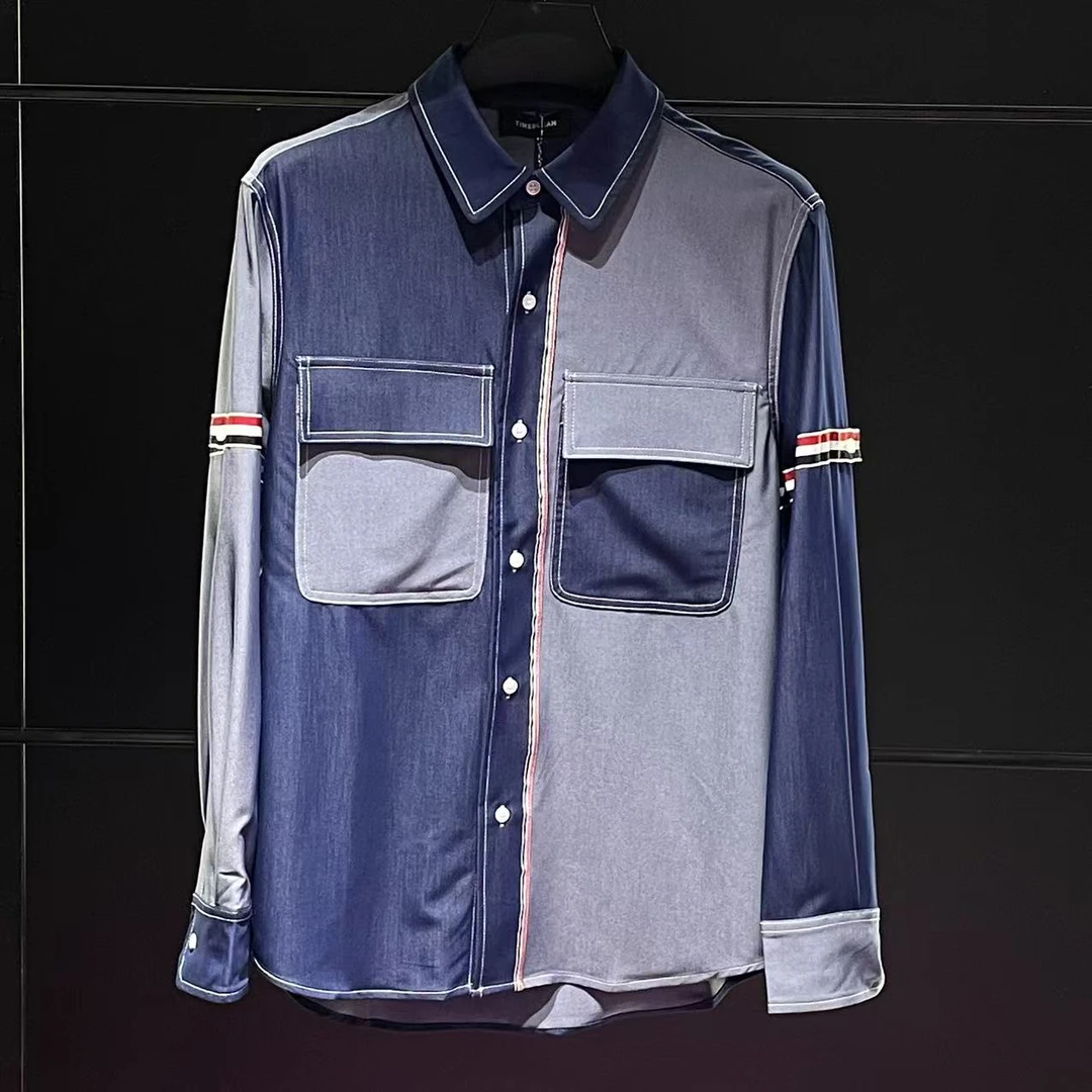【TIME BOKAN】男士春季新款时尚百搭潮流休闲拼接冰丝衬衫77602