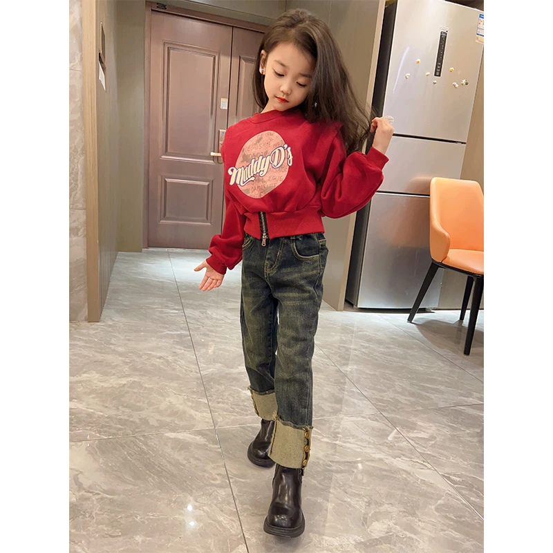 女童冬款洋气加绒宽松休闲套装牛仔裤23557#