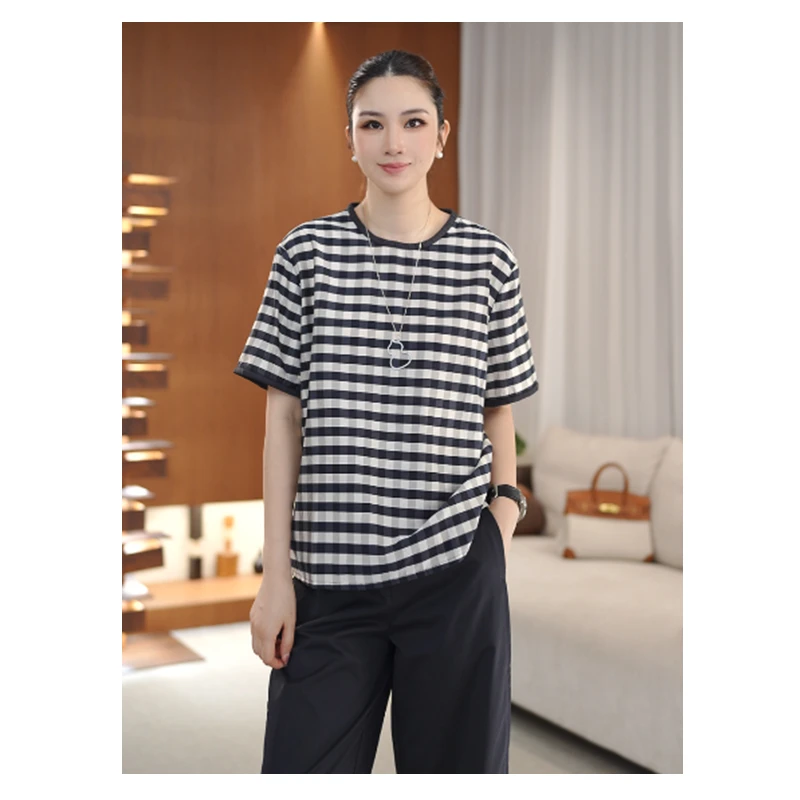 【夏新款】时尚休闲简约风宽松百搭格子圆领短袖T恤女上衣D25240