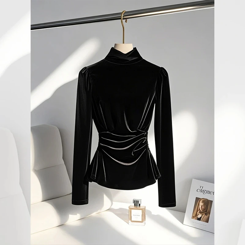 洋气法式气质赫本风独特超好看内搭衬衫轻奢感黑色丝绒打底女冬季