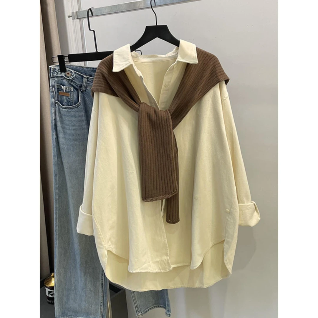 加大码300斤秋季披肩衬衫男两件套宽松韩系慵懒风中长款磨毛衬衣2