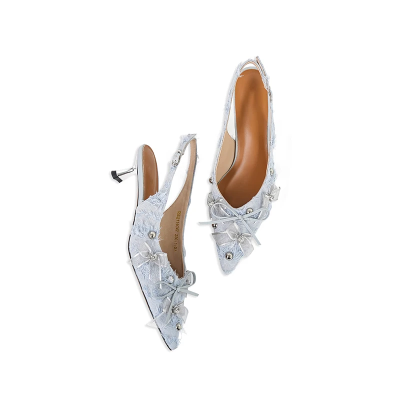优雅时装高跟包头凉鞋水钻婚鞋银灰女士细跟蝴蝶结尖头女鞋气质