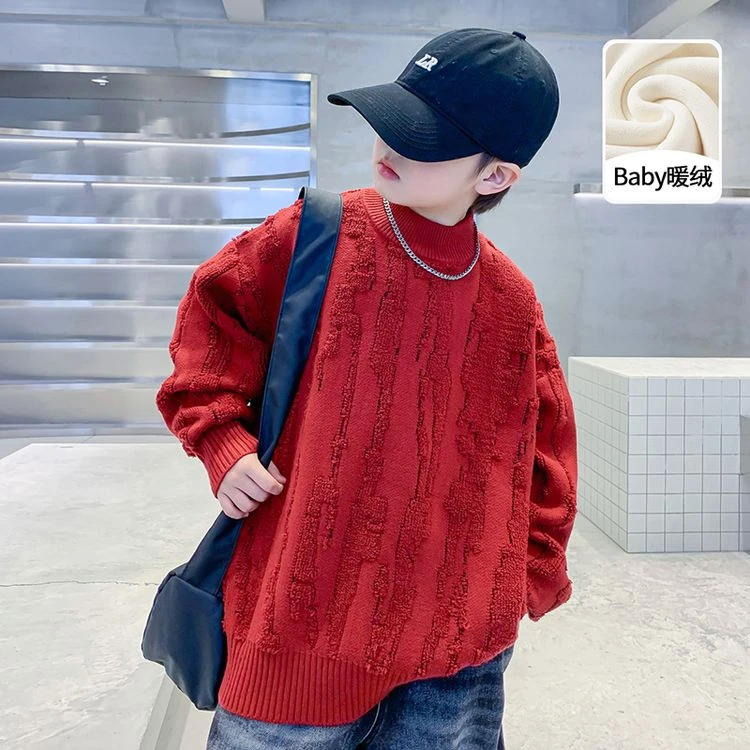 男童毛衣加绒秋冬2024中大童长宽松红色儿童加厚套头