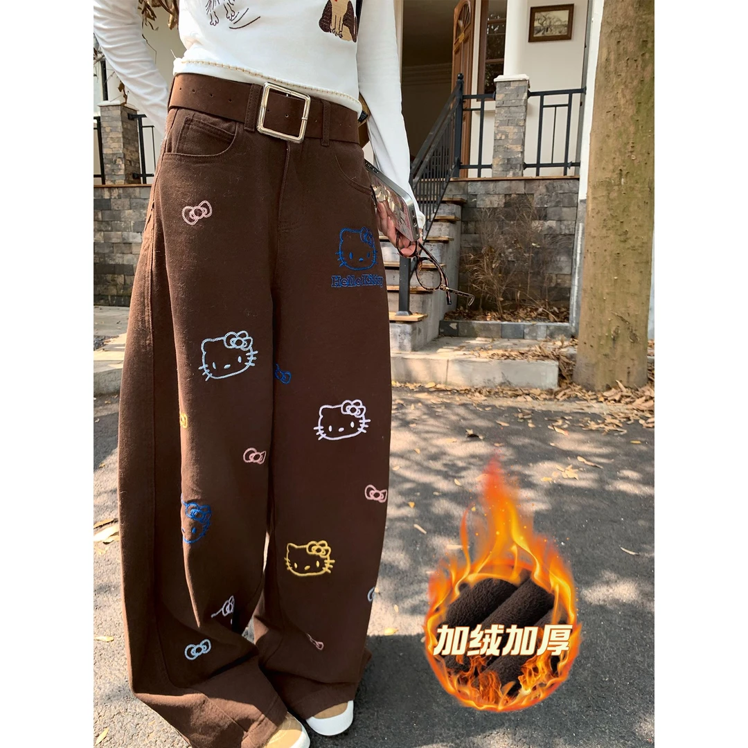 【加绒加厚】美式kitty刺绣阔腿裤女秋冬宽松显瘦复古松弛感休闲裤